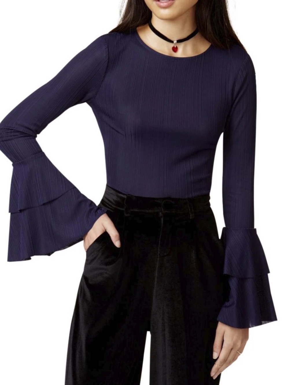 J.O.A. Navy Ribbed Long-Sleeve Top with Tiered Bell Sleeves - Picture 6 of 6